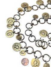 Vintage 80s Rustic Silver Gold Coins Dangle Gypsy Charm Chain Link Metal Belt