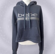 Bebe Sport Women's Pullover Hoodie Size XL Blue Silver Glitter Logo Thumb Slit