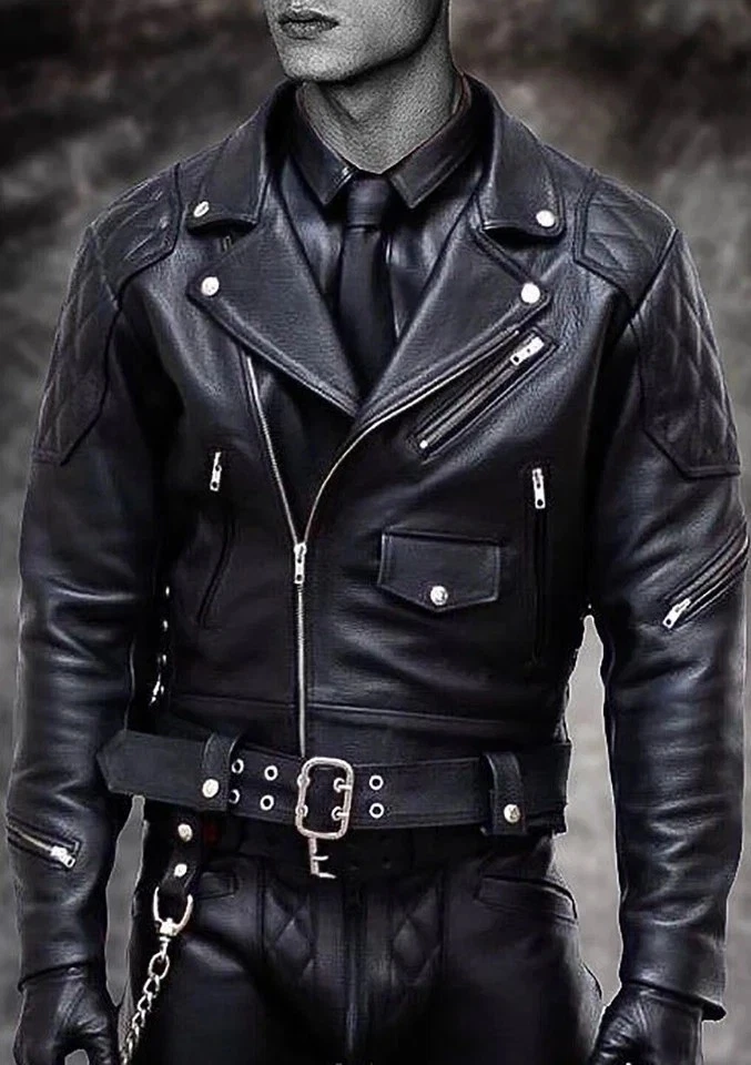 Men's Real Natural Thick Cow Leather Bikers Jacket Quilted Panels Bikers Jacket