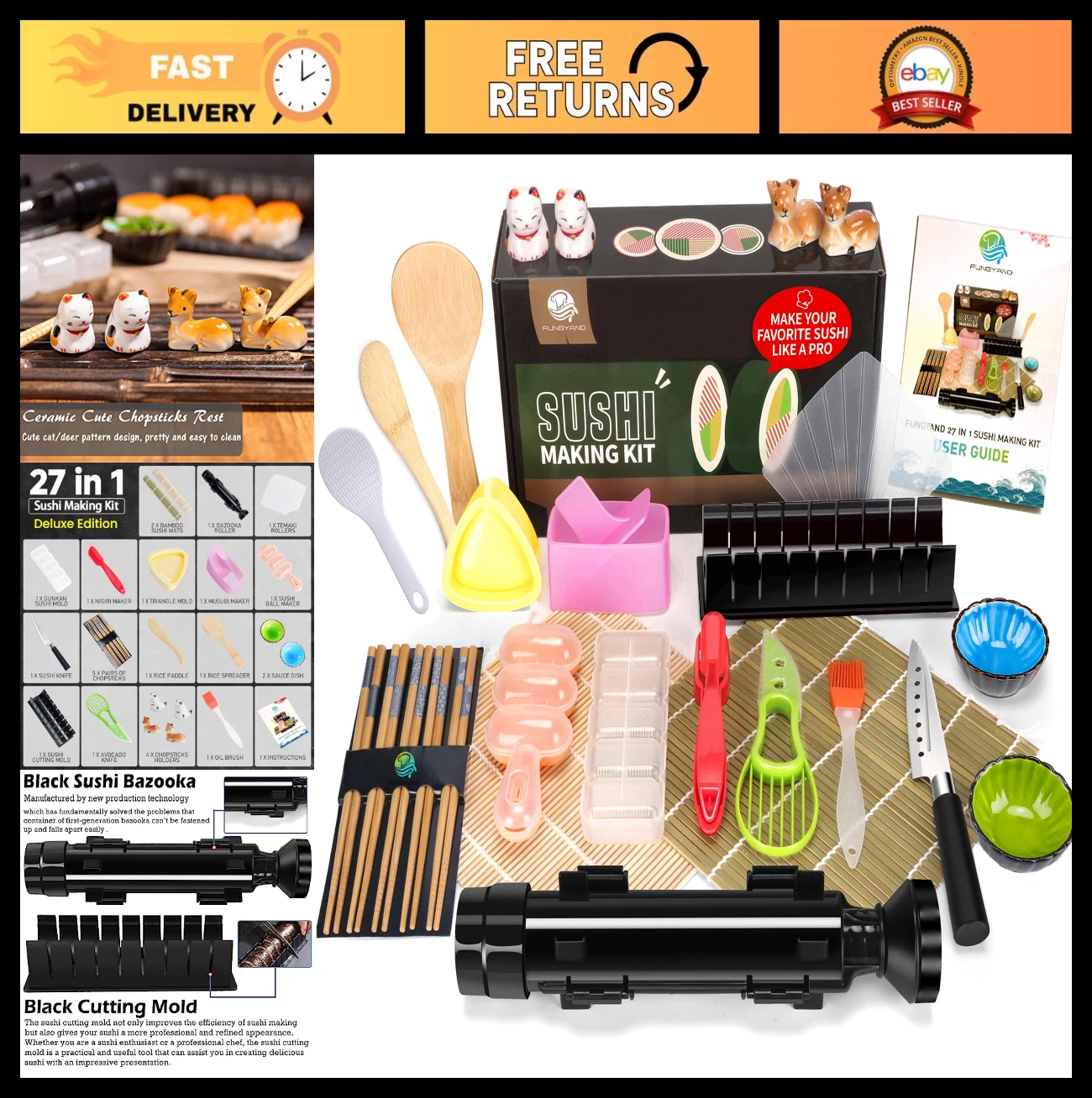 Sushi Making Kit 27-in-1 Set with Roller, Presses, Bamboo Mats & Tools - Beginne
Opens in a new wind
