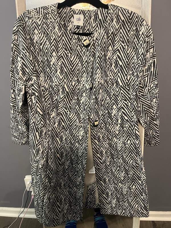 CABI Womens M Long Coat Collarless 3 Button Front 3/4 Sleeve 2 Seam Pockets