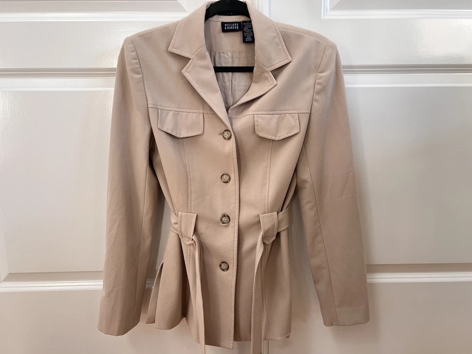 Chaqueta Blazer Hillard & Hanson Para Mujer Beige Tostado con Cinturón Talla 4 Bolsillos en el Pecho Usada en Excelente Condición Foto 2 de 4