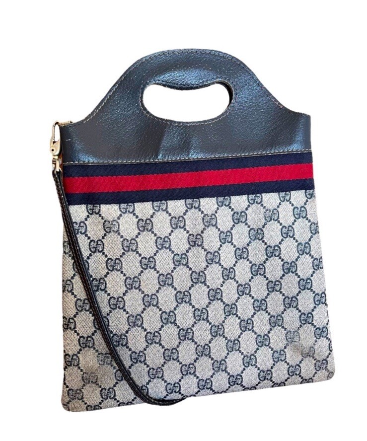 RARE Gucci Vintage GG Web Monogram Navy Blue PVC Leather
