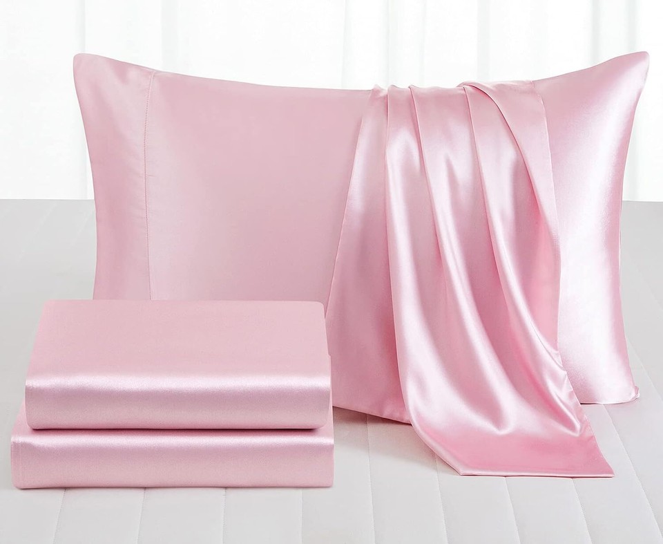4 Piece Pink Satin Sheets King Size Satin Bed Sheets Set Silky Satin