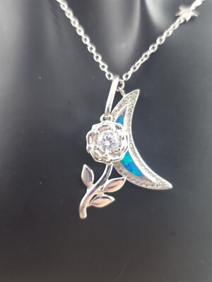 Vintage Solid Sterling Silver Gemstone Flower Rose Opal Moon Necklace 6 Grams