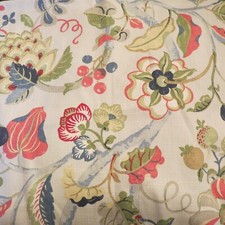 Kaufman Jacobean Floral Leaves Linen Blend Fabric Cream Green Blue Red Coral