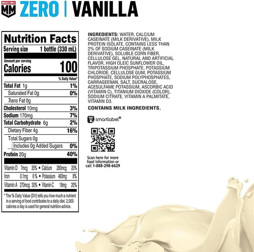 Muscle Milk Zero Protein Shake Vanilla Crème 20g Protein Zero Sugar 100 Calor... - Picture 2 of 7