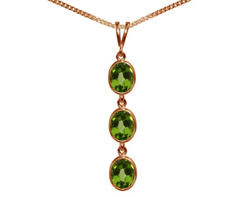 9ct Oro Rosa Natural Peridoto Triple Ovalado Cadena y Colgante Británico Hecho