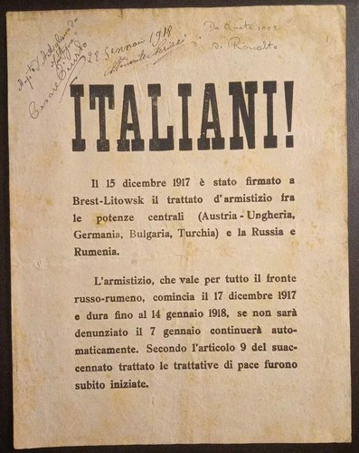 1917 manifesto trattato d'armistizio di Brest-Litowsk per il fronte Russo-Rumeno - Picture 1 of 2