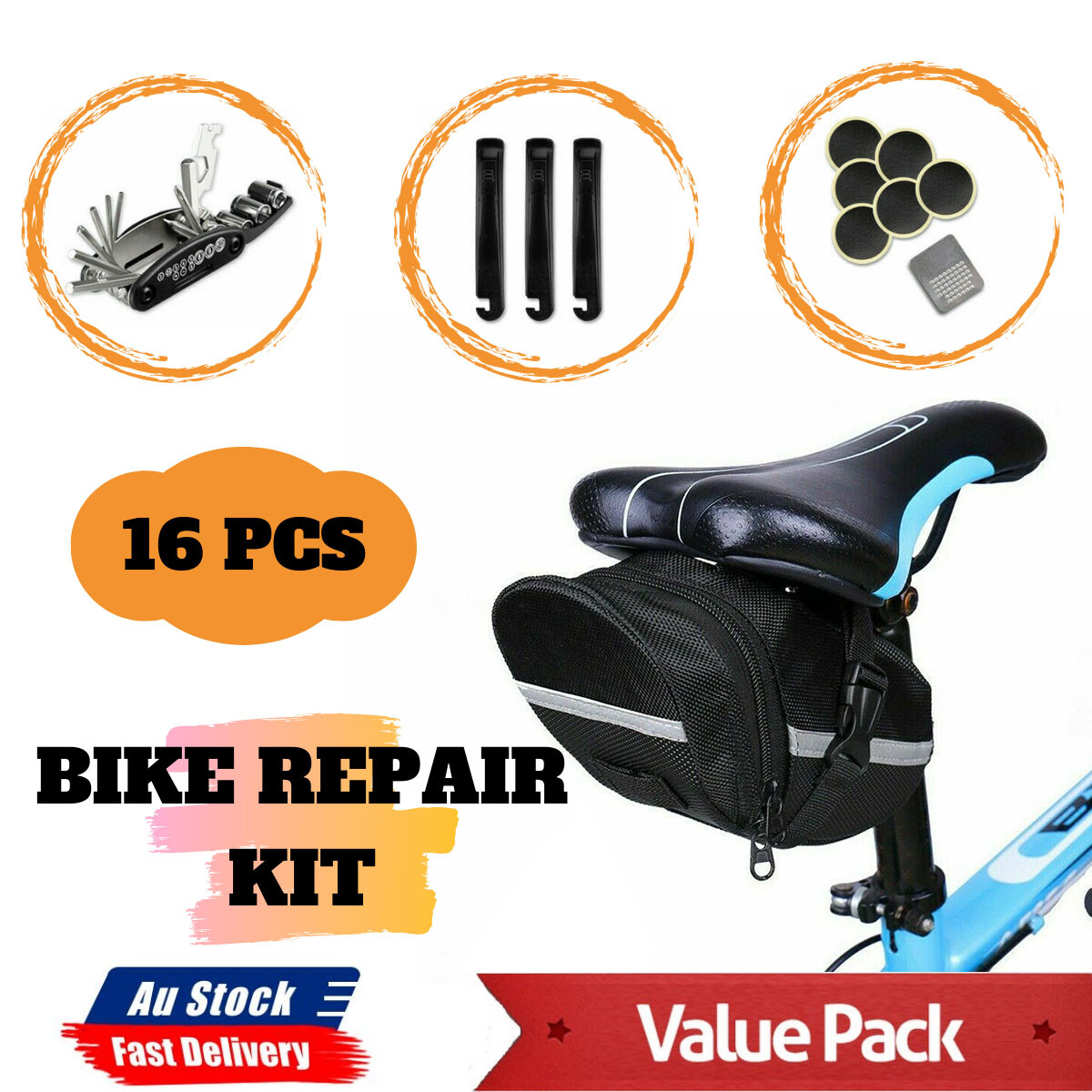 Bike Repair Multi Tool 16PCS Mountain Bicycle Puncture Saddle Bag Tyre