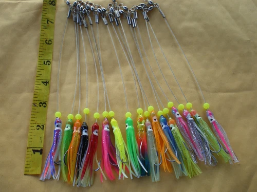 10 SINGLE HOOK #1/0 SS WIRE LEADER RIG 6" W/SQUID HOOCHIE SKIRT LURE BAIT 2-1/2"
