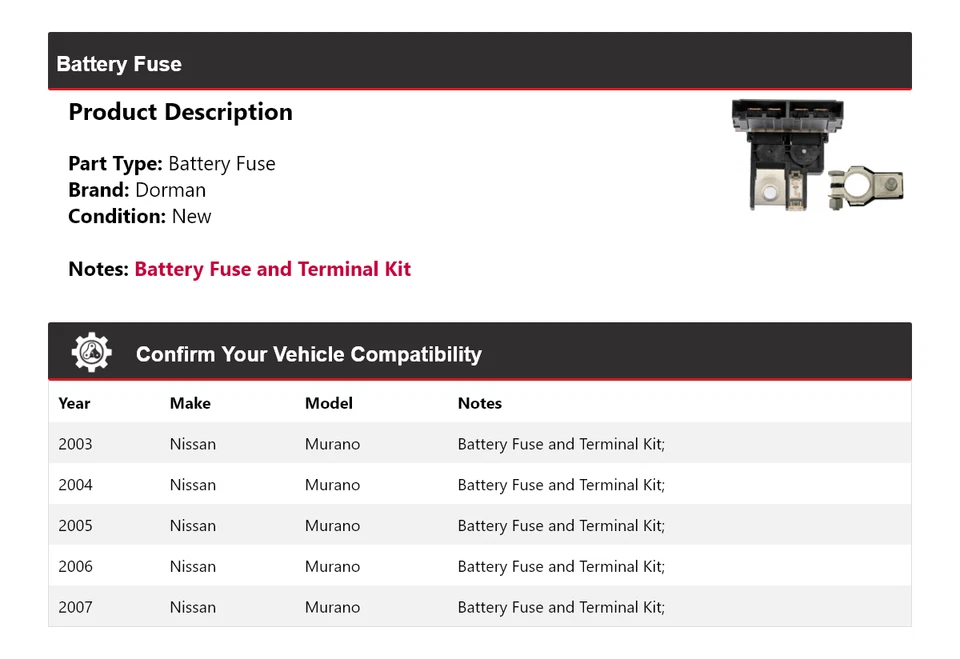 Fusível de bateria 2004 2005 2006 Nissan Murano Dorman 2003-2007 - Imagem 2 de 4