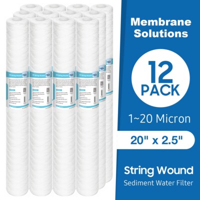 12 Pack 1/5/10/20 Micron 20''x2.5'' Whole House String Wound Sediment Water Filter