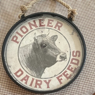 Pioneer Dairy Feeds Advertising Sign Cow Graphic Round Black White Red