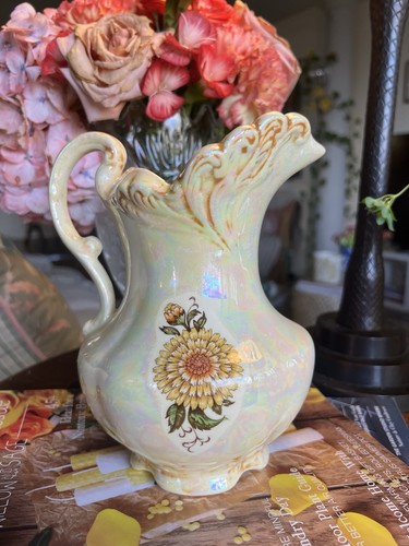 Vtg Iridescent Lusterware Ceramic Pitcher Yellow Dahlia Opalescent Swirl