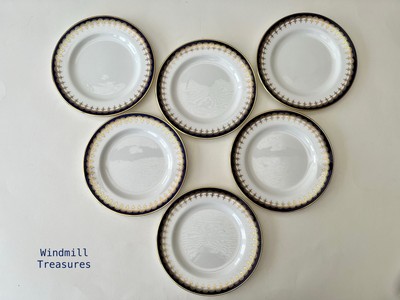 6 VINTAGE AYNSLEY LAURETTE ART DECO TEE BEILAGENTELLER 18cm KOBALTBLAU GOLD