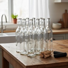 750ml Glass Bordeaux Wine Bottles, Flat-Bottom, with Corks Shrink Capsules, 12