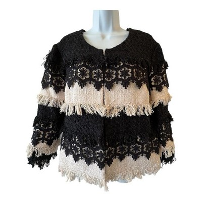 Boston Proper Women s 12 Jacket Black White Parisian Tweed Lace Fringe Trim
