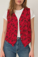 VTG Y2K 90's Krishna Fashions Silk Vest M Cherry Blossom Red Asian Button Front