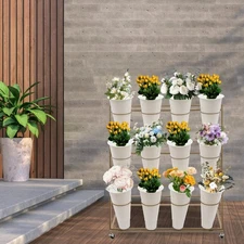 3 Tier Movable Flower Display Stand Decor Mobile Plant Holder Rack W/ 12 Buckets