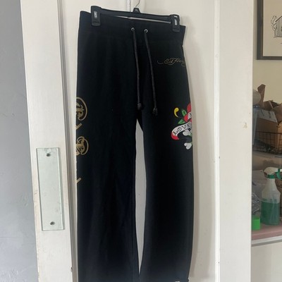 VTG Y2K Ed Hardy Love Kills Heart Black Wide Leg Raw Hem Flared Sweatpants L