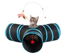 3-Ways Collapsible Tunnel for Indoor Cats Play with Teaser Wand, Peek Holes Toy
