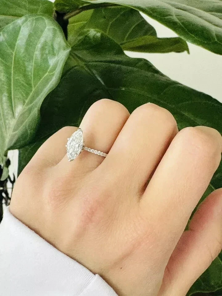 Anillo para mujer certificado 1,25 quilates VS1 diamante natural blanco marquesa oro blanco 14K Foto 2 de 4