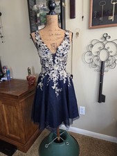 Xscape Women's Embellished 3D Floral Short Dress in Navy Blue and Gold Size 10