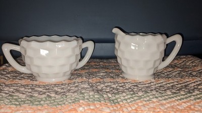 Milk Glass Creamer & Sugar Bowl, Diamond Cut Pattern  Excellent Condition *780