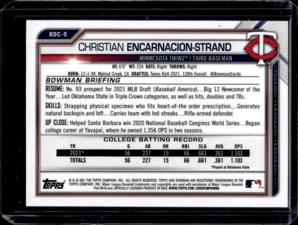 2021 Bowman Draft Christian Encarnacion-Strand Chrome 1st Prospect #BDC-9 Twins - Image 2 of 2