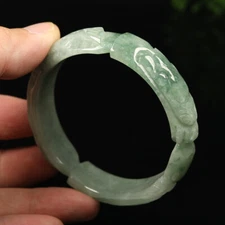 58mm White Green Jadeite Jade Bangle Bracelet Hand-carved Dragon Phoenix A-11877