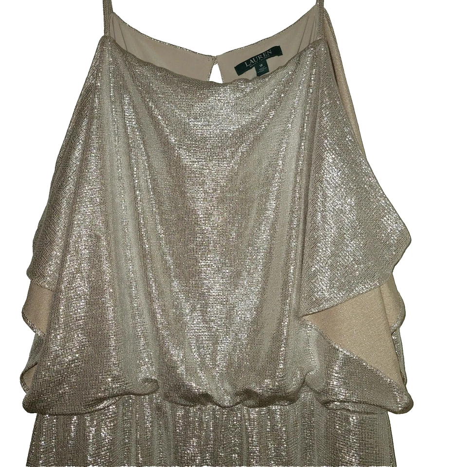 Lauren Ralph Lauren Metallic Silver Gold Maxi Gown Dress 18 Cold Shoulder Formal - Image 4 of 4