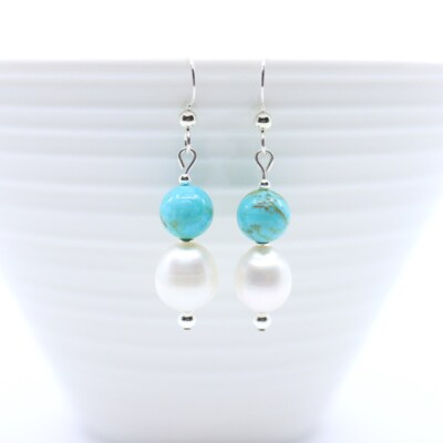 Baby Blue Turquoise & White Pearl Drop French Hook Earrings in Sterling or Gold