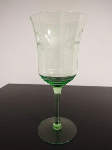 Bartlett Collins Uranium Green Depression Glass Goblet Cut Decoration #52
