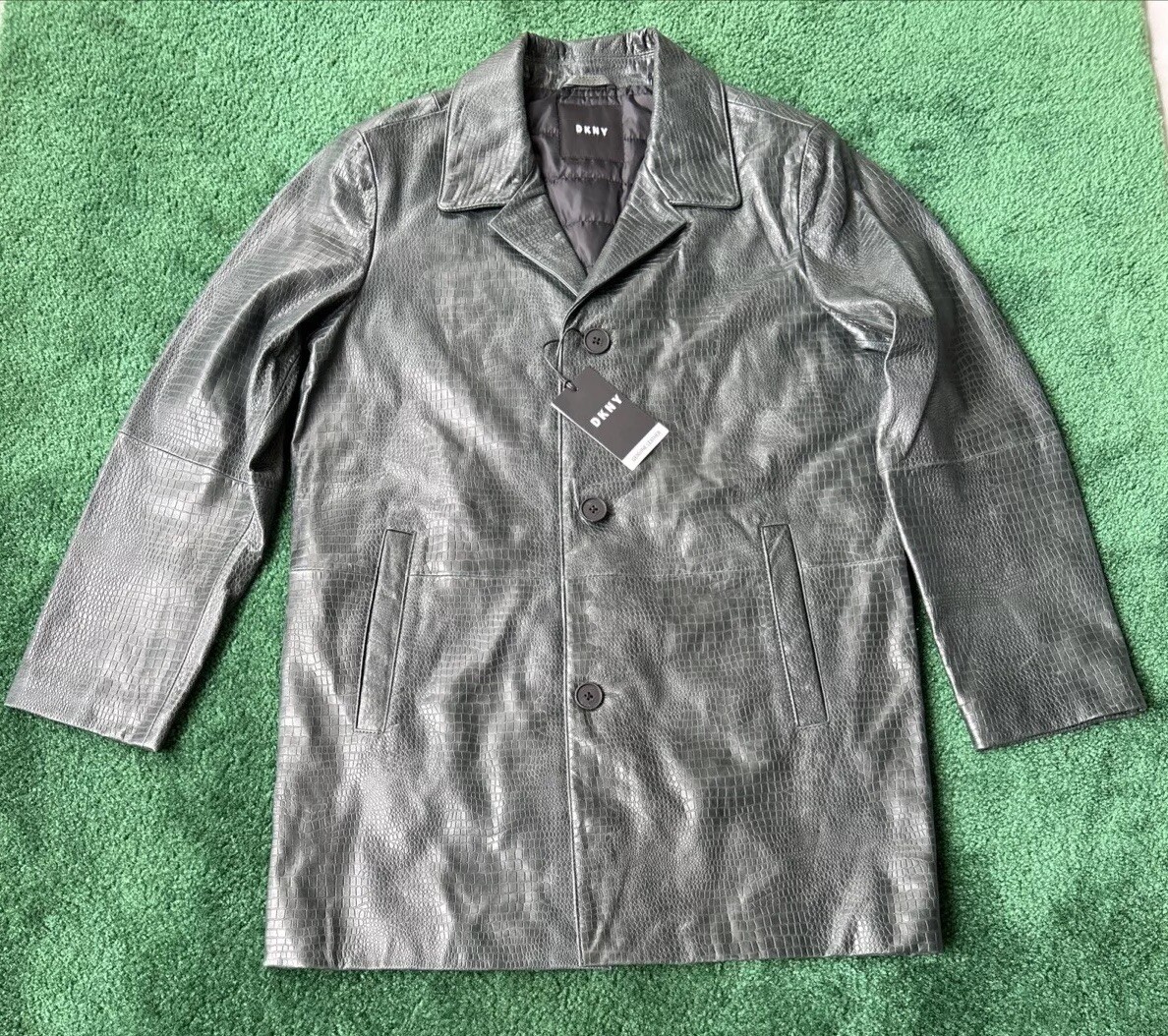 Men DKNY Crocodile Embossed Genuine Leather Long Button Coat