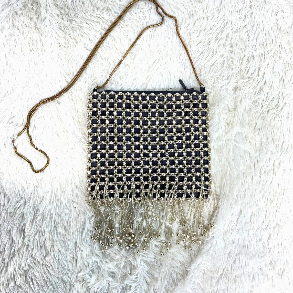 Nordstrom Black Silver Beaded Holiday NYE Art Deco Style Crossbody