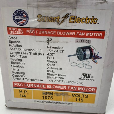 Smart Electric SE3583 48 Frame Furnace Blower Motor 115v 1/4 HP