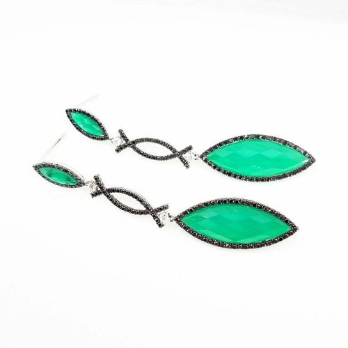 Brilliant Marquise Shape 40.23CT Green Agate With White & Black CZ Fine Earrings - Picture 3 of 6