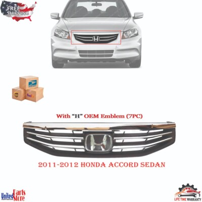 New Front Bumper Upper Chrome Grille & OEM Emblem 7PC For 2011-2012 Honda Accord