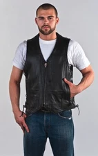 Men's Concealed Carry Premium Leather Club & Biker Vest with Zipper Front