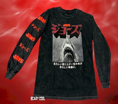 New Jaws Shark Kanja Japanese Acid wash Long Sleeve Poster Mens Vintage T-Shirt