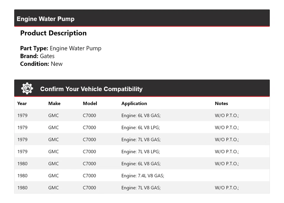 Puertas de bomba de agua para motor GMC C7000 1979-1980 Foto 2 de 4