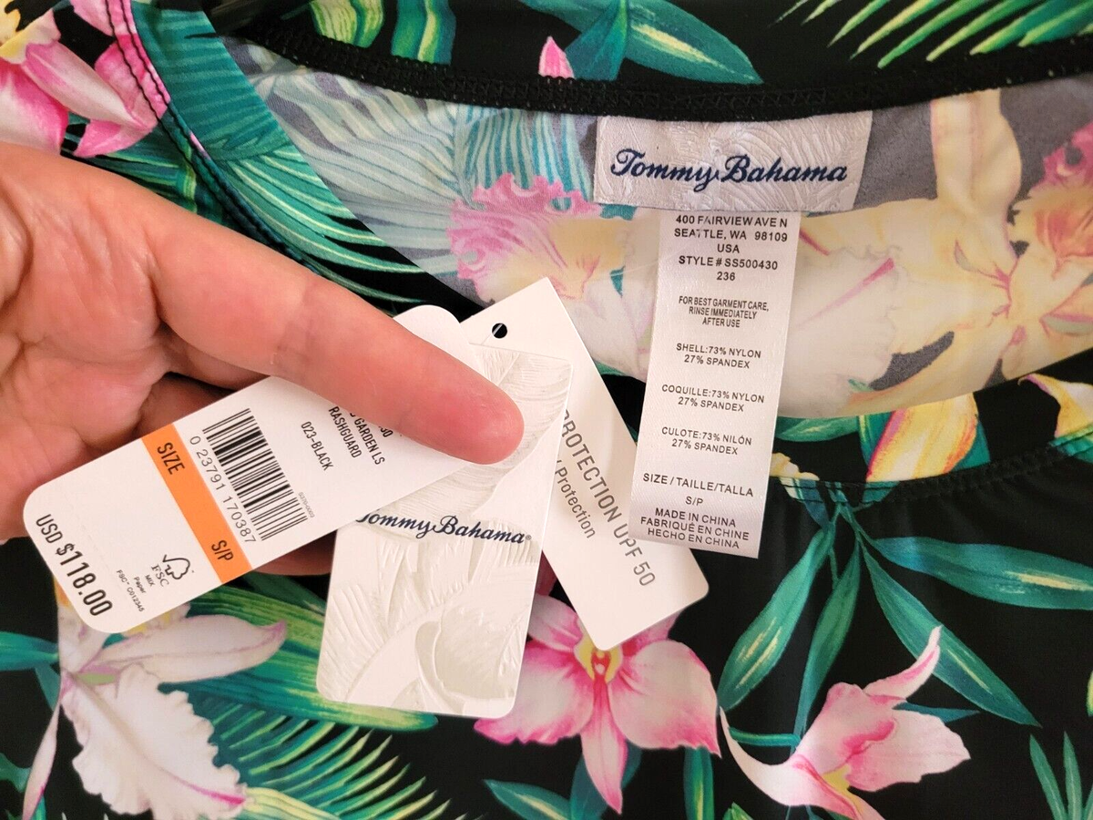 Summer　SALE　⑫ TOMMY BAHAMA Orchid Garden rash guard cover up LS Black women sz