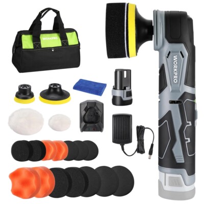 WORKPRO 12V Cordless Mini Buffer Polisher Kit 5 Variable Speed 600-3000RPM w/Bag