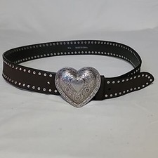 Engraved Silver Heart Belt Buckle on Brown Studded Belt Sz. M/L