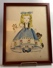 Vintage Little Girl in  blue pinafore Dress Flowers Watercolor Painting Framed
