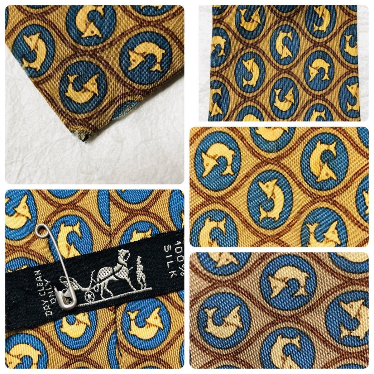 HERMES tie checkered pattern fish pattern silk be… - image 7