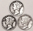 (3) Mercury Dimes - Very Fine - 1943 1944 1945 - #3589ED FREE SHIPPING