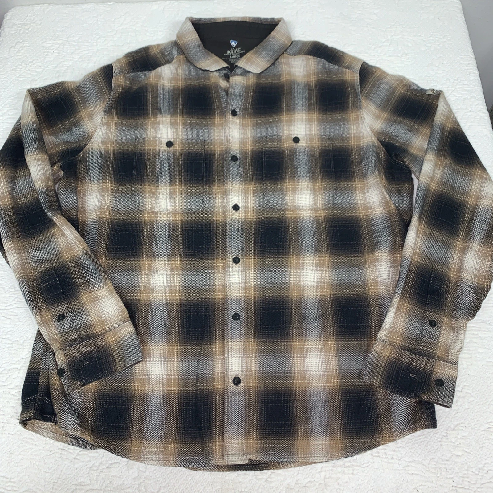 Kuhl The Law Flannel Shirt Men's L Brown Plaid Long Sleeve Outdoor Casual Button