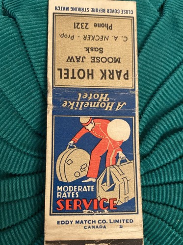 Vintage Matchbook Cover, Park Hotel, Moose Jaw Saskatchewan Canada PFKT37 - Picture 1 of 5